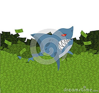 Business shark. Marine predator swimming in money. Green Wave do Vector Illustration